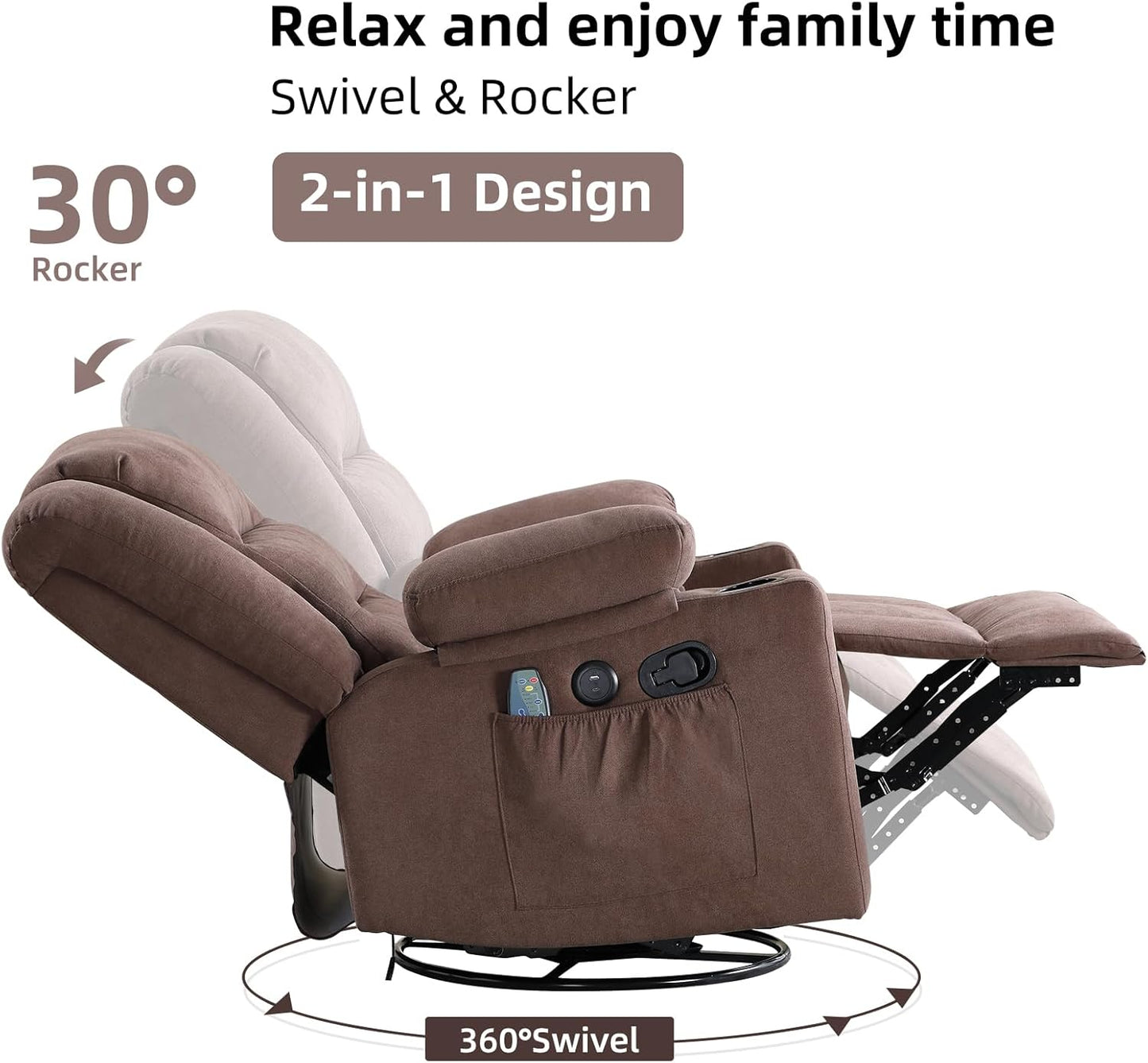 Rocker Recliner Chair with Heat and Massage, 360° Swivel Recliner Chairs for Adults, Heavy Duty Reclining Sofa Chair with USB Port Cup Holders Side Pockets for Living Room (Brown)