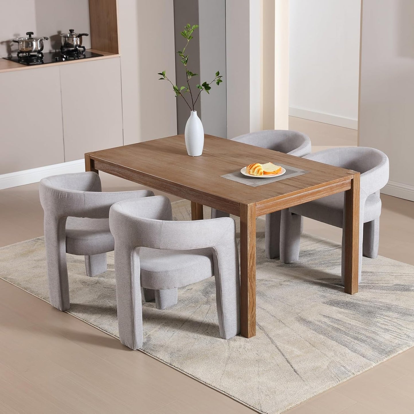 Grey Chenille Dining Chairs Set of 6, Modern Barrel Dining Room Chairs Upholstered Faux Fur Accent Chair with Arms and Round Back for Living Room Kitchen Armchair No Assembly Needed