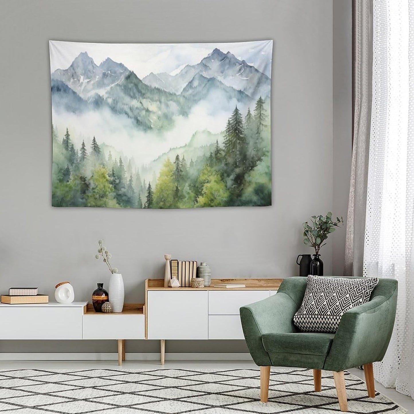 HZOHNAGO Mountain Tapestry Misty Green Forest Mountain Pattern Printed Wall Tapestry Wall Hanging for Bedroom Living Room Dorm 40" W x 30" H
