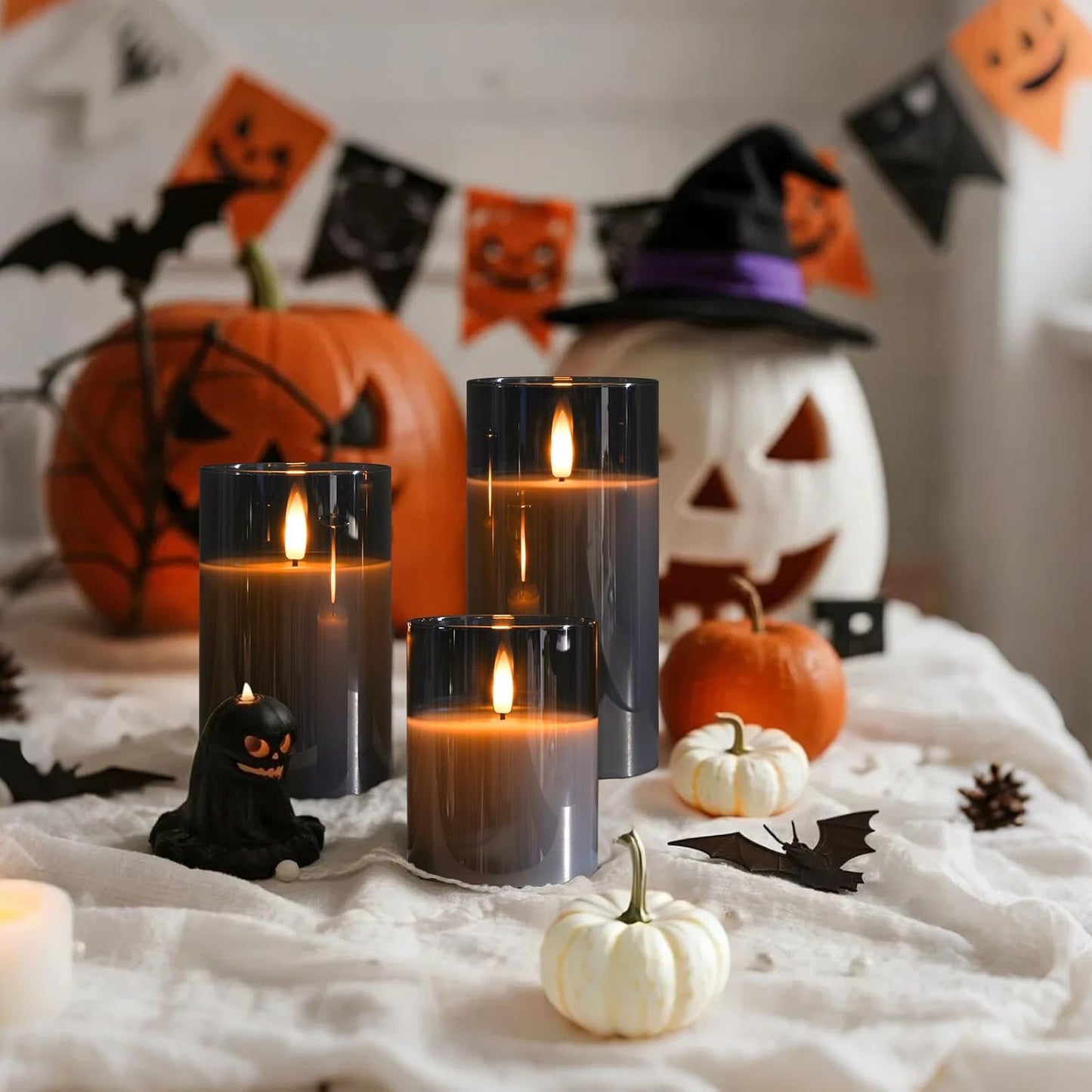 Amagic Grey Glass Flameless Candles, Halloween Battery Operated Candles, LED Pillar Candles with Remote Control and Timer, Electric Fake Candles for Holiday Spooky Decor, Wax, D3 H4 5" 6", Set of 3