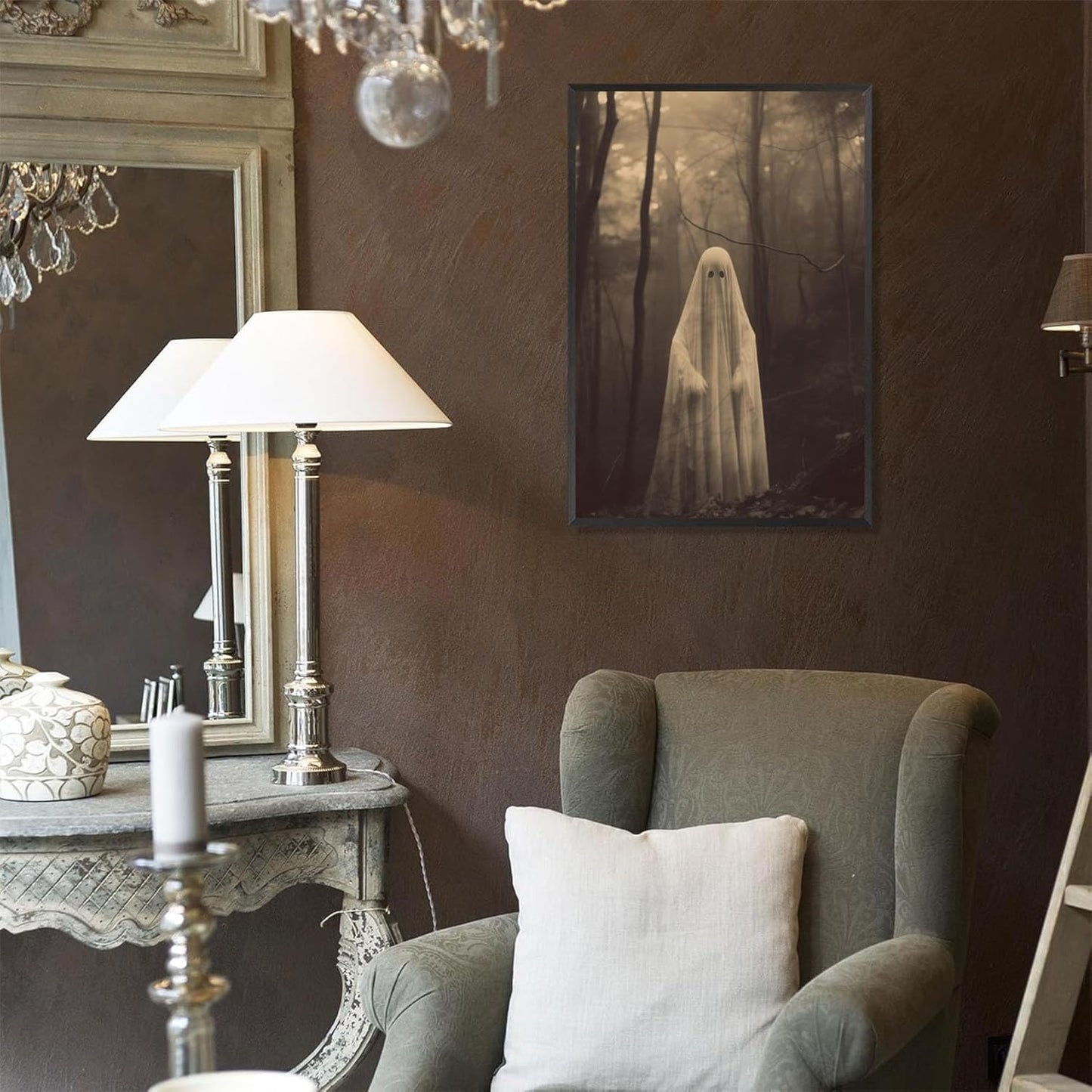 Ghost Forest Spooky Print Poster The Gothic Room Decor Creepy Picture Posters Dark Academia Aesthetic Family Prints Canvas Wall Art Home Apartment Decorations 12X16inch Aluminum Framed