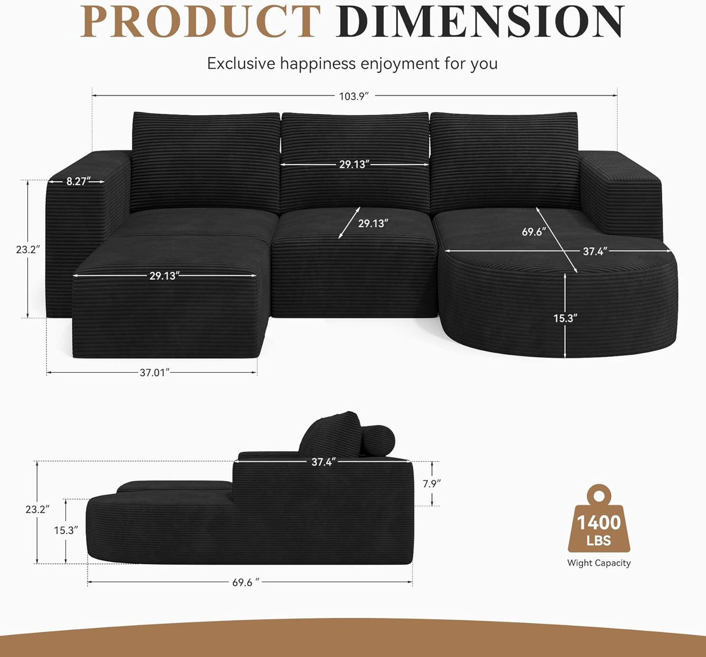 Modular Sectional Sofa with L-Shape Chaise,Cloud Sectional Modern Sleeper Couch with Deep Seat,Sponge Compression Sofas No Assembly Required (Black-Corduroy Fabric) 1pcs