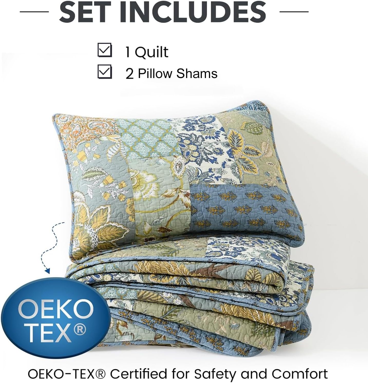 NEWLAKE Quilt Set California King Size, 100% Cotton Patchwork Green Bohemian Quilt Sets, Reversible Bedspread Lightweight and Breathable for All Seasons, Soft Quilted Bedspread with 2 Pillow Shams