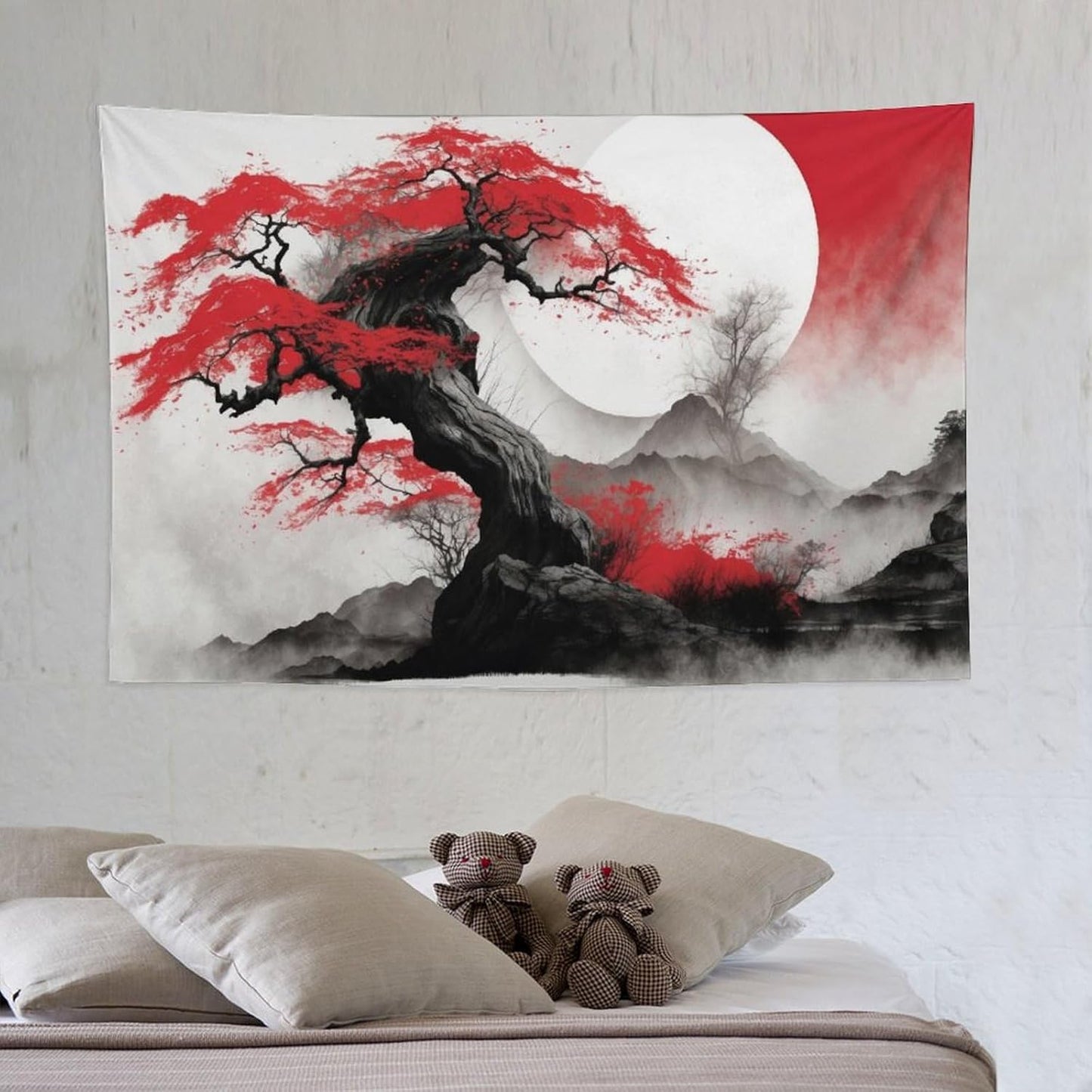 Cherry Blossoms Tapestry,Japanese Red Landscape Asian Watercolor Abstract Art Tapestry,Japanese Wall Tapestry, Nature Landscape Tapestries for Bedroom Living Room Decor 60"x40"