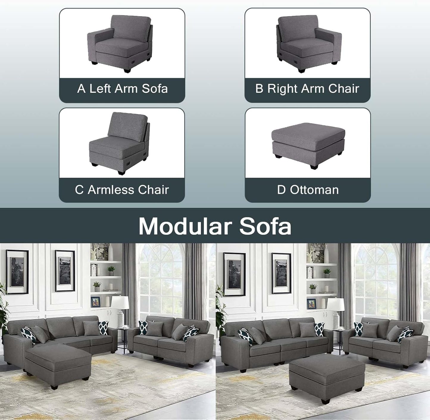 L Lengend Vansen Modular Sectional Sofa U Shaped Couch with Ottoman Modern Reversible Corner Sectional Couch for Living Room (Dark Grey, 2+3 with Ottoman)