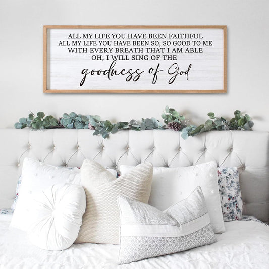 Goodness of God Framed Wall Art, 40''×15'' Positive Religious Natural Bible Verse for Christian God Jesus Christ Prayer, Vintage Rustic Long Holy Catholic Scripture Decor