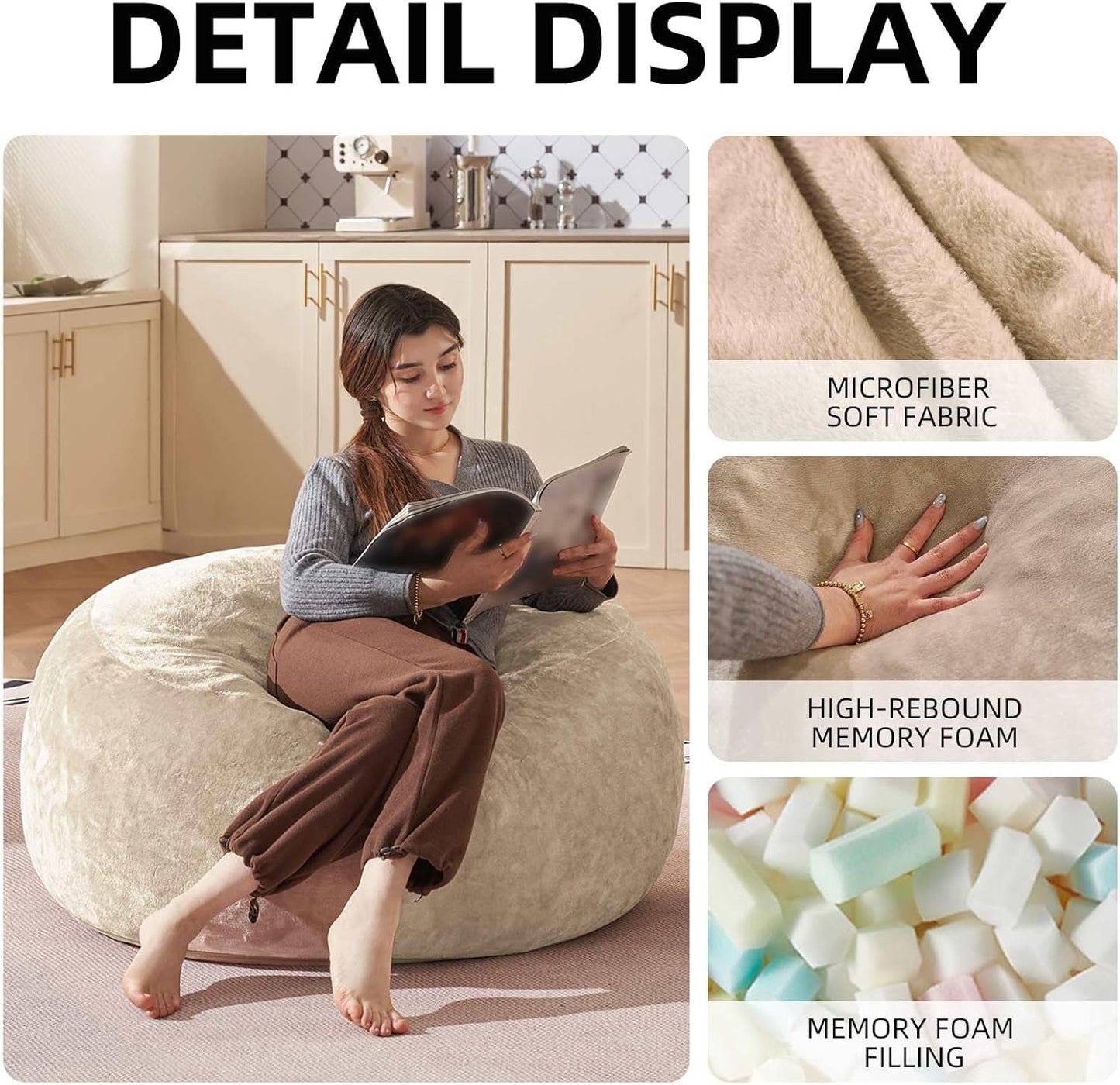 Bean Bag Chair 3Ft, Memory Foam Filled, Large Beanbag Chairs for Adults and Teens, Soft Sofa with Removable Flannel Cover, Round Couch for Living Room Bedroom College Dorm (Apricot, 3FT-36×36"×24")