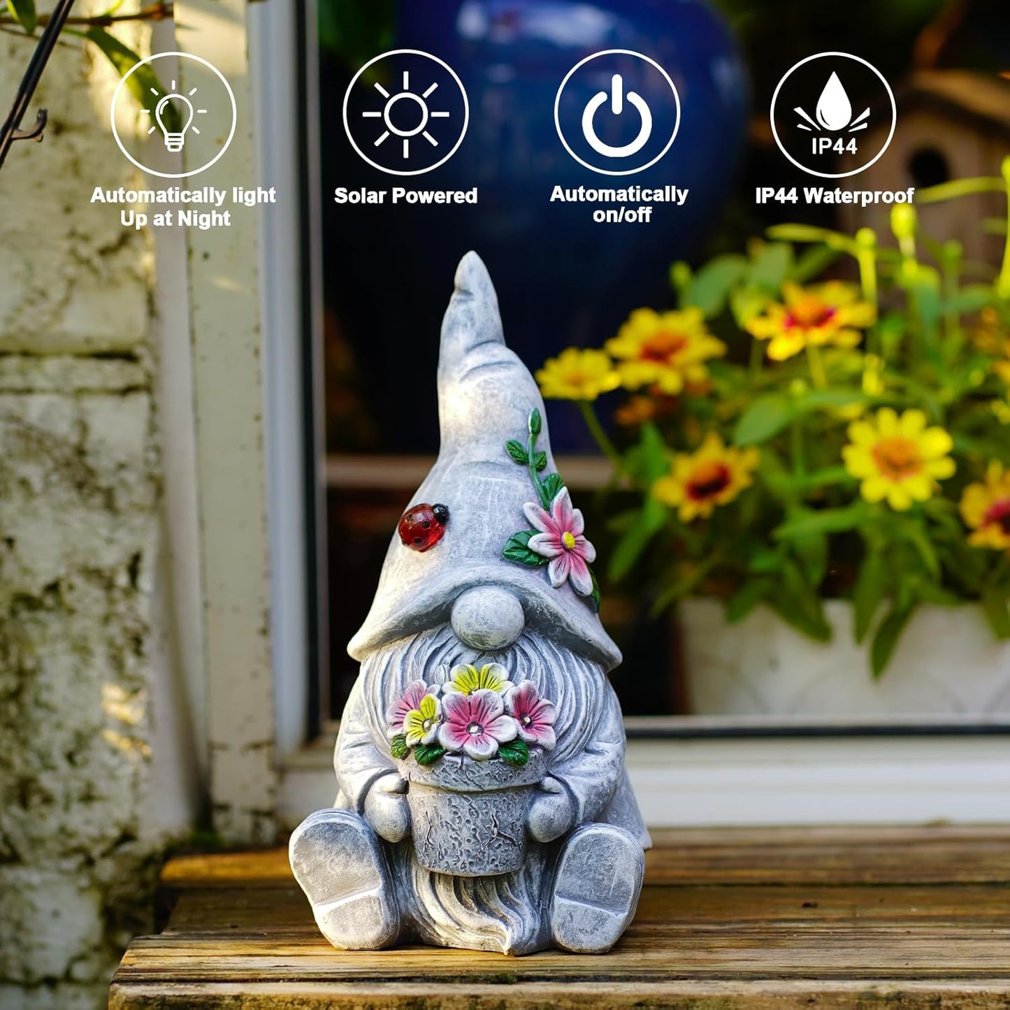 Goodeco Sitting Gnome Holding Flower Statue - Solar Garden Gnomes Decor for Outside with LED Lights, for Women or Moms, Housewarming Gnome Decorations