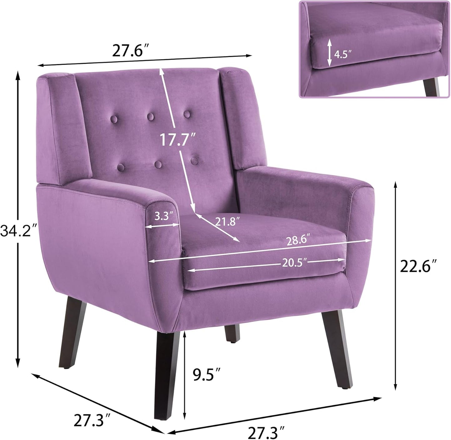 UIXE Accent Chairs Set of 2, Modern Upholstered Arm Chair, Mid-Century Club Armchair Comfy Single Lounge Sofa, Button Tufted Living Room Reading Side Seating for Bedroom Office, Velvet-Purple