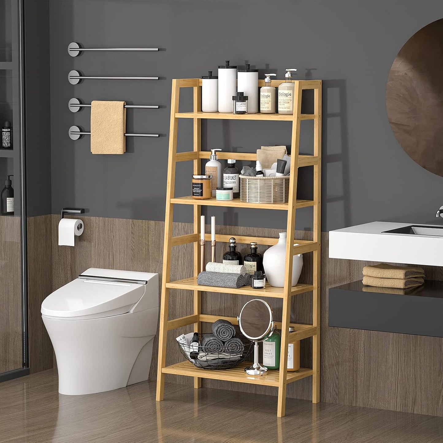 Homykic Bamboo Bookshelf 4-Tier Ladder Shelf, 49.2” Freestanding Open Bookcase Book Shelf Bathroom Storage Shelf Unit Plant Stand for Small Space, Bedroom, Living Room, Home Office, Natural