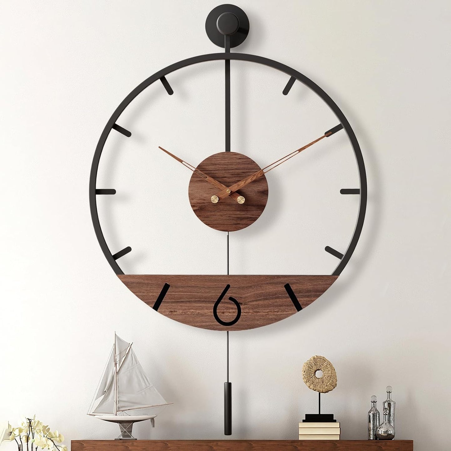 34.6×24 Inch Large Modern Decorative Pendulum Wall Clock,Big Metal Farmhouse Oversized Silent Wall Clocks Minimalist Elegant Walnut Dial Pointers for Living Room,Office,Dining Room Decor