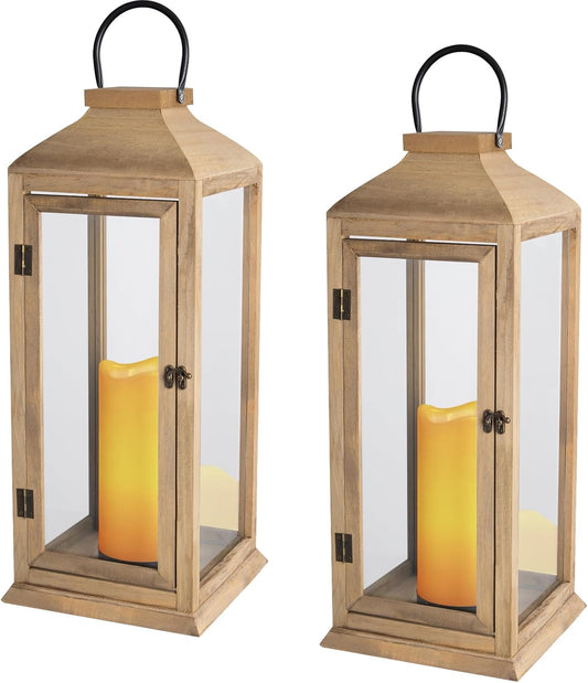 Bdor 2 Pack Lanterns Decorative - 27.5in New Zealand Pine Lanterns Decorative with Flameless Pillar Candles, Decorative Lanterns for Home Decor, Indoor Outdoor, Front Porch, Garden, Farmhouse Style