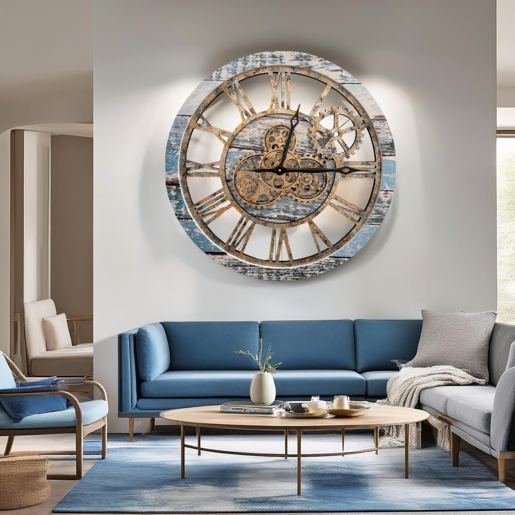The Original Real Moving Gear Wall Clock Vintage Industrial Oversized Rustic Farmhouse (24 inch (60cm), Vintage Aqua Green and Bronze)