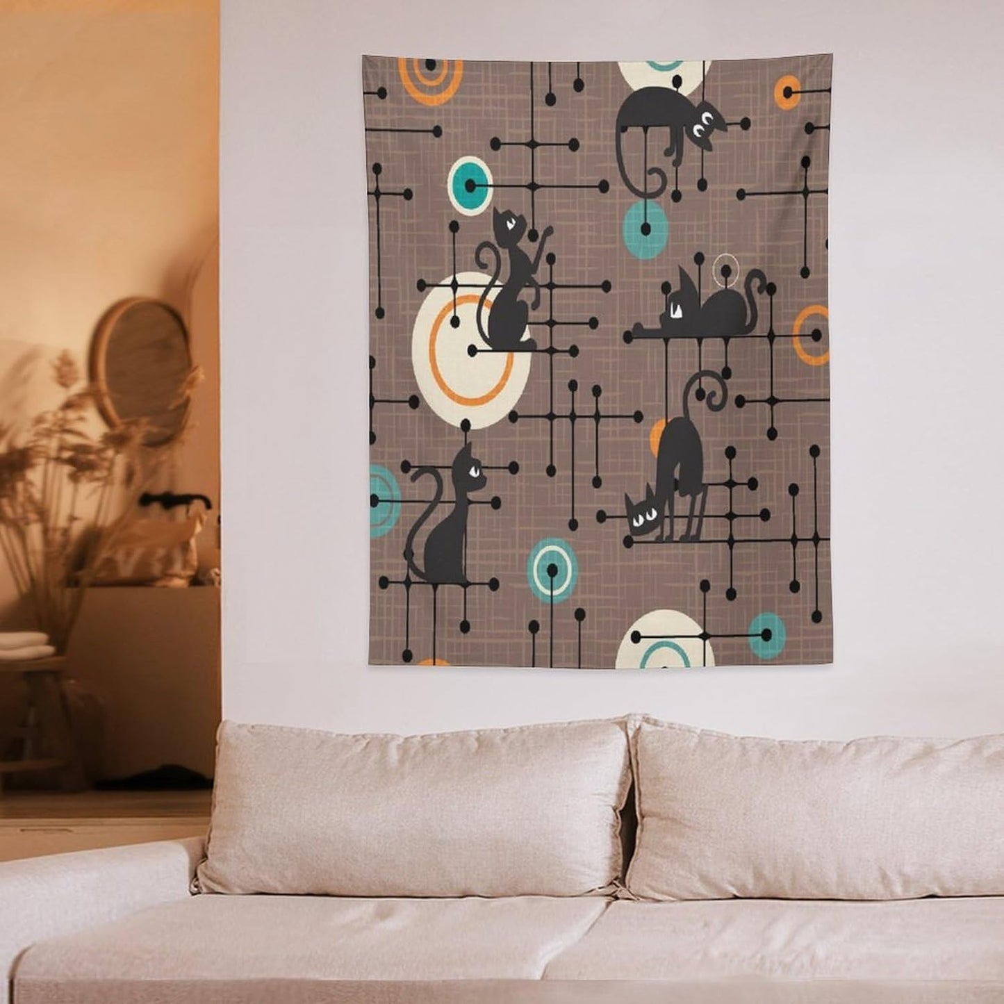 ICMOLYYENLO Boho Medieval Cat Tapestry, Abstract Atomic Starburst Geometric Aesthetic Art Wall Hanging For Bedroom Living Room Dormitory 40x60 Inches