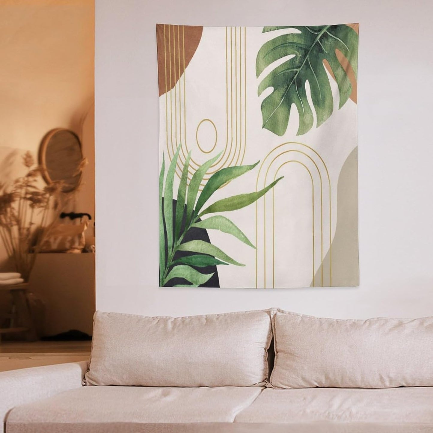 Abstract Boho Tapestry, Mid Century Tropical Tree Leaves Modern Geometric Arch Bohemian Botanical Tapestry, Home Aesthetic Wall Hanging Art Decor for Living Room Bedroom Dormitory 40x60 Inch