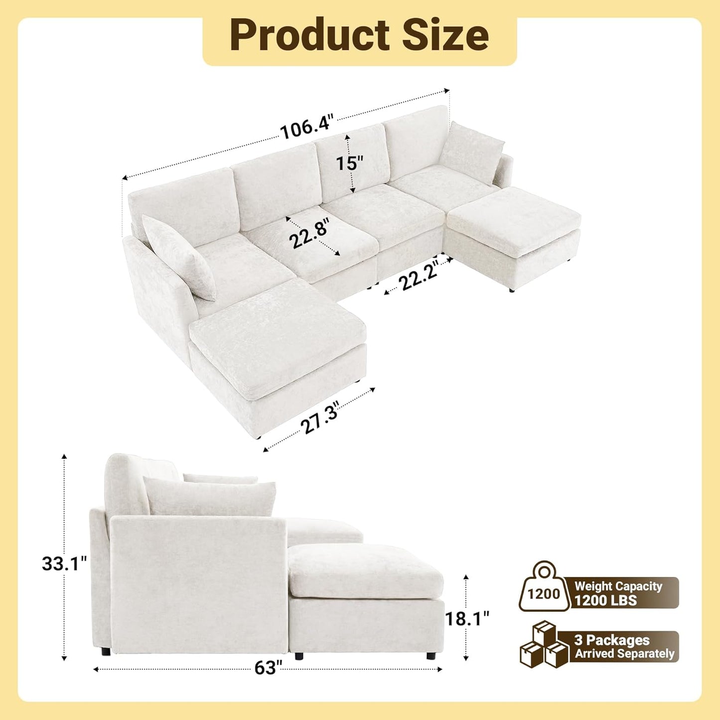 Tbfit U Shaped Couch, Sectional Sofa for Living Room,Chenille Cloud Couch with Ottoman 6 Seat, Beige