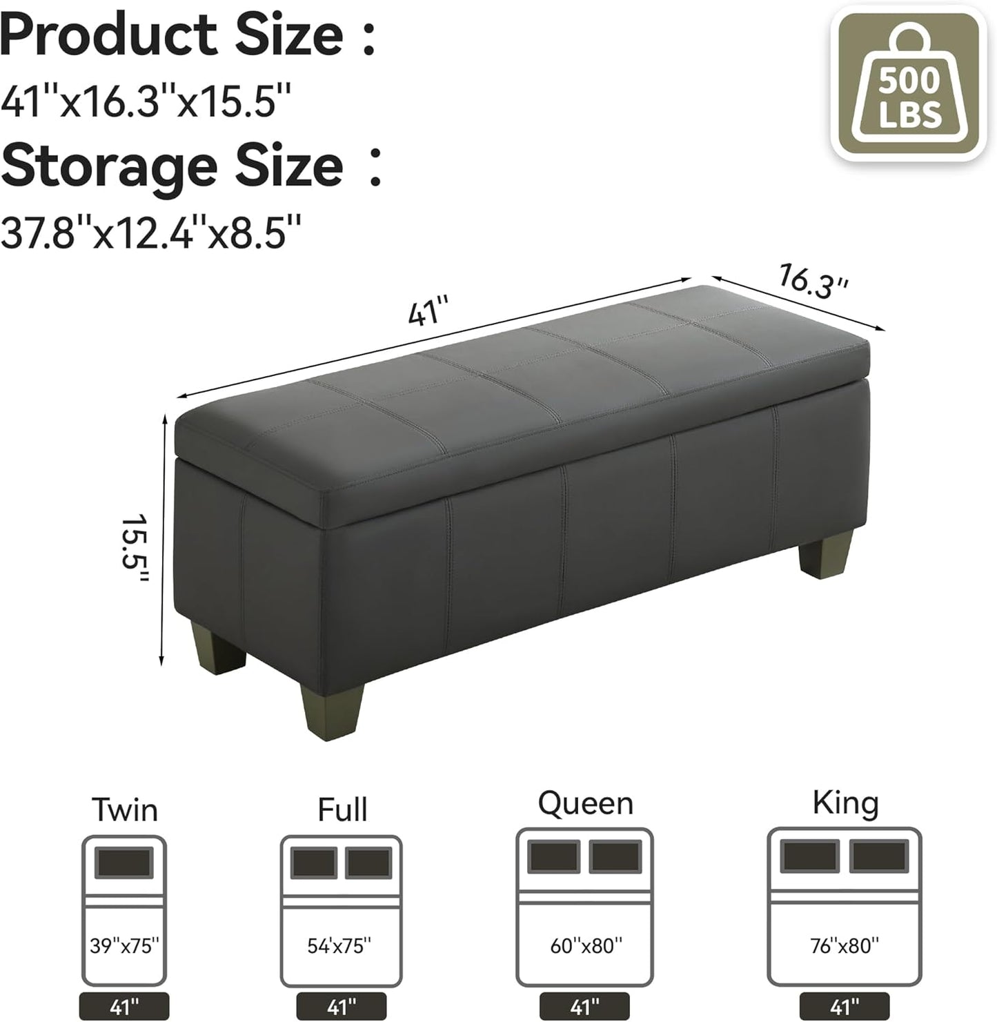41" Faux Leather Storage Ottoman, Stitch Tufted Rectangle Upholstered End of Bed Storage Bench, Entryway Large Couch Ottoman with Wooden Legs,Dark Grey