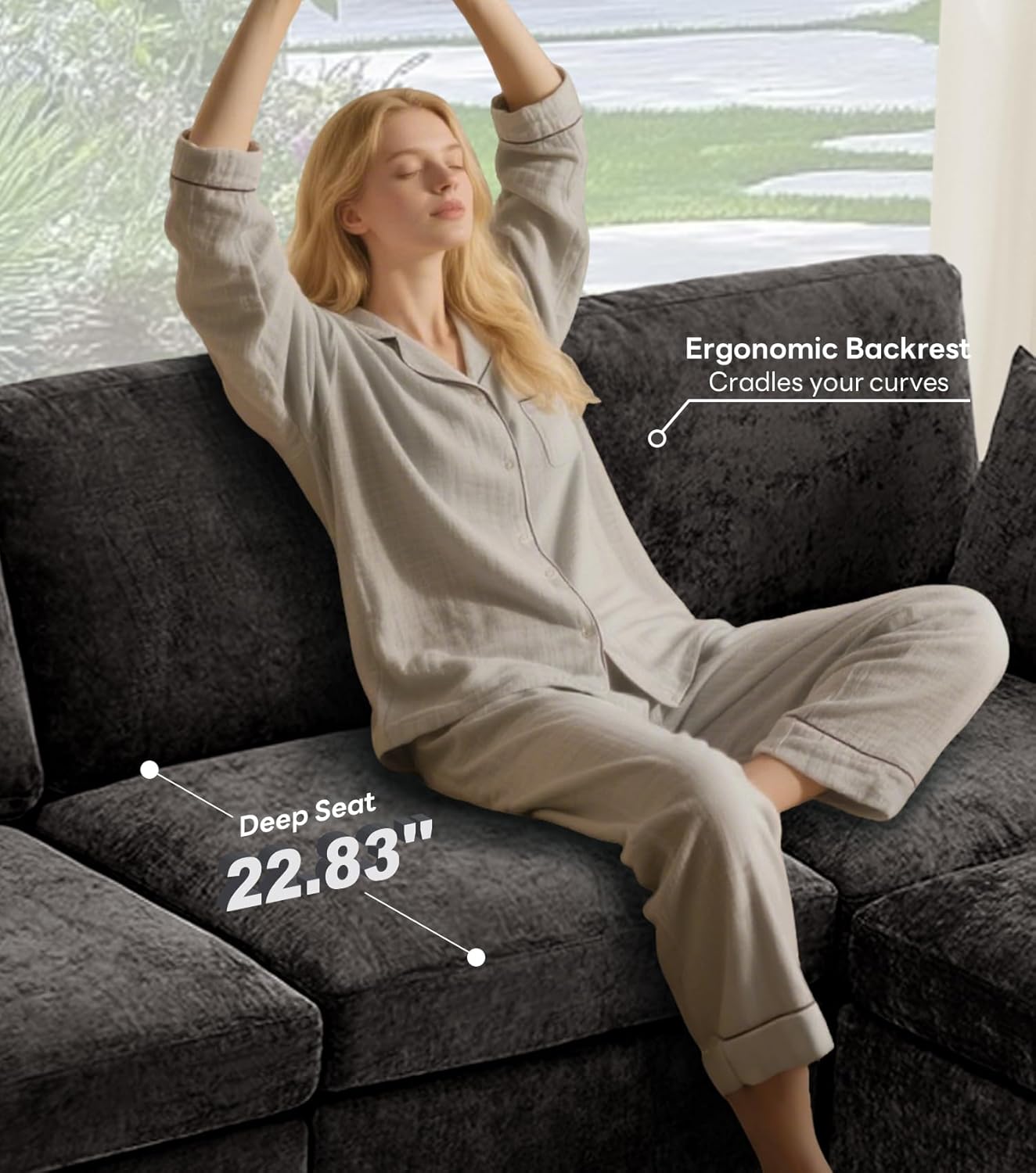 Tbfit U Shaped Couch 8 Seat, Sectional Sofa for Living Room,Chenille Cloud Couch with Ottoman, Black