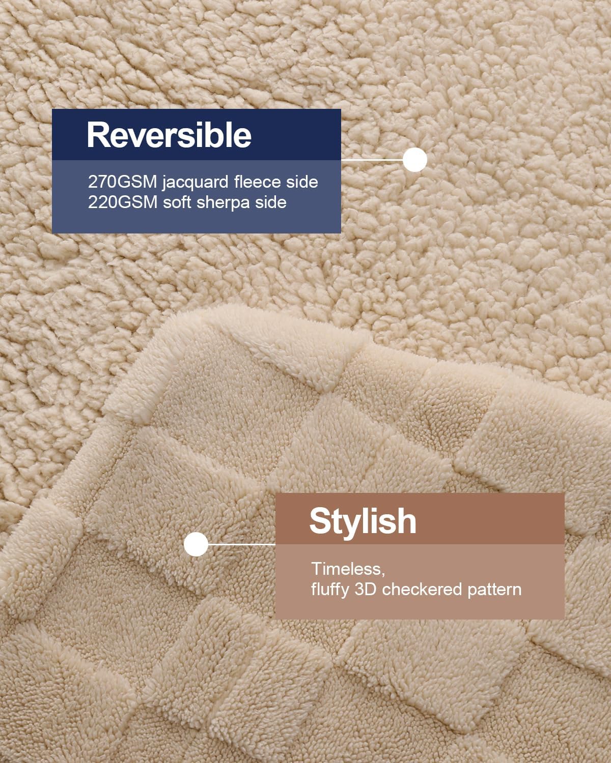 Pawque Super Soft Cozy Throw Blanket Twin Size for Couch Bed, Fluffy Sherpa Fleece Reversible Thick Warm Fuzzy Blanket for All-Season, 3D Checkered Jacquard Decorative Blankets, Khaki, 60" x 80"