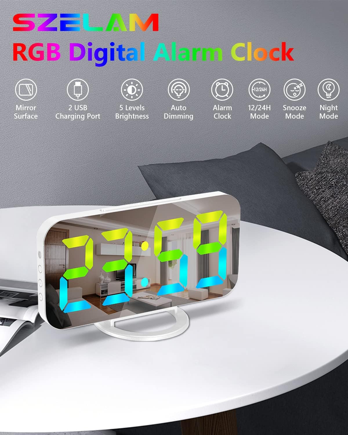 SZELAM Digital Alarm Clock,LED RGB Colorful Clocks,with Mirror Surface Large Display,2 USB Charger Ports,Auto Dimming,Modern Desk Clock for Bedroom Home Office Decor- White