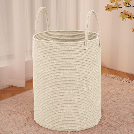 Large Woven Laundry Basket Hamper,60L Cotton Rope Storage Bin for Blankets,Toys and Clothes,Decorative Tall Nursery Hamper for Living Room,Baby Nursery,Bathroom and Bedroom,Beige