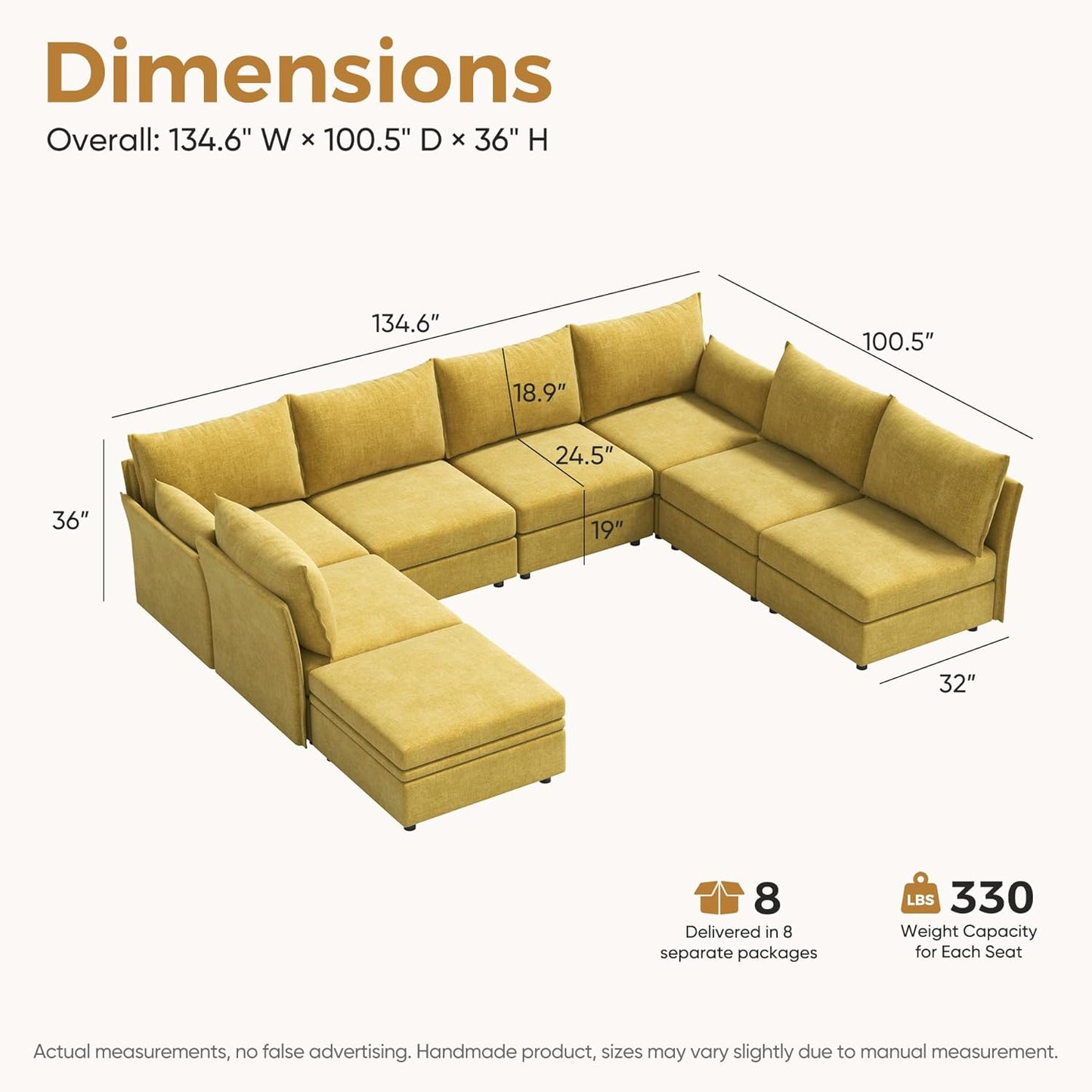 134.6" Modular Sectional Sofa, U Shaped Couch Set for Living Room, Large 8-Seater Comfy Cloud Couches with Movable Storage Ottoman,DIY Combination - Chenille Yellow
