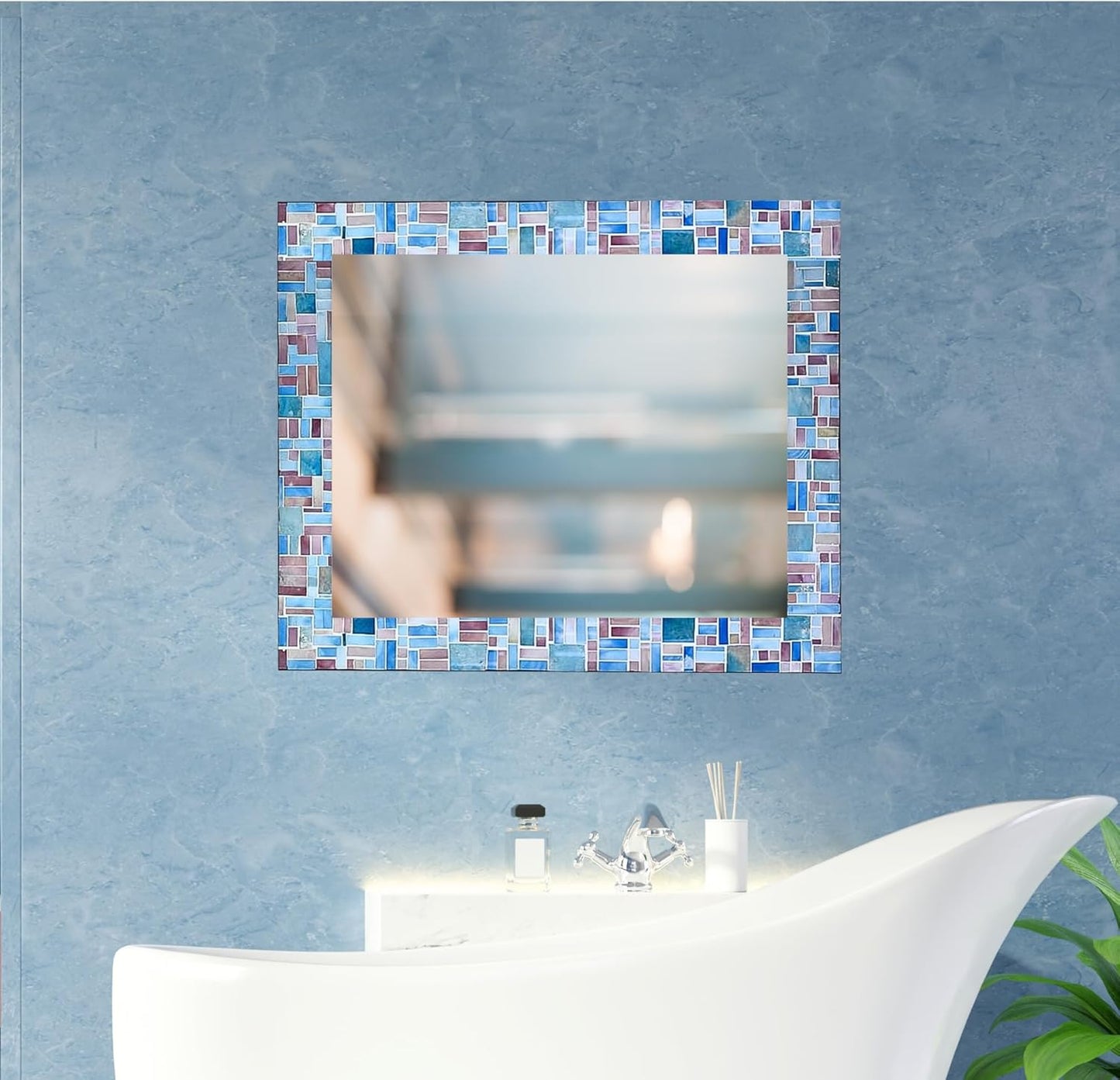 30x24 Rectangular Shape Iron Frame Wall Mirror with Glass Mosaic Tiles- Multi Blue for Vanity, Bathroom, Living Room, Home Decor