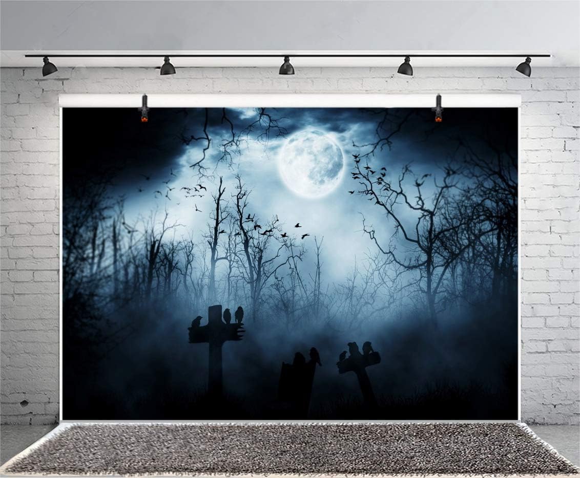 AOFOTO 12x10ft Moon Night Halloween Cemetery Photography Backdrop Flying Bats Birds Stand on Gravestone Cross Graveyard in Dark Forest Photo Background Cloth Vinyl Wallpaper Photo Studio Props