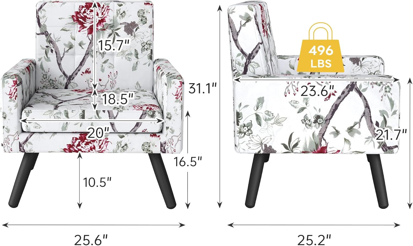 Kromax Mid-Century Modern Accent Chair Set of 2 for Living Room, 496 Lb. Weight Capacity, Dual Armrests, Comfy Extra Large Seat, Timeless Style Perfect for Reading & Relaxing, Red Floral