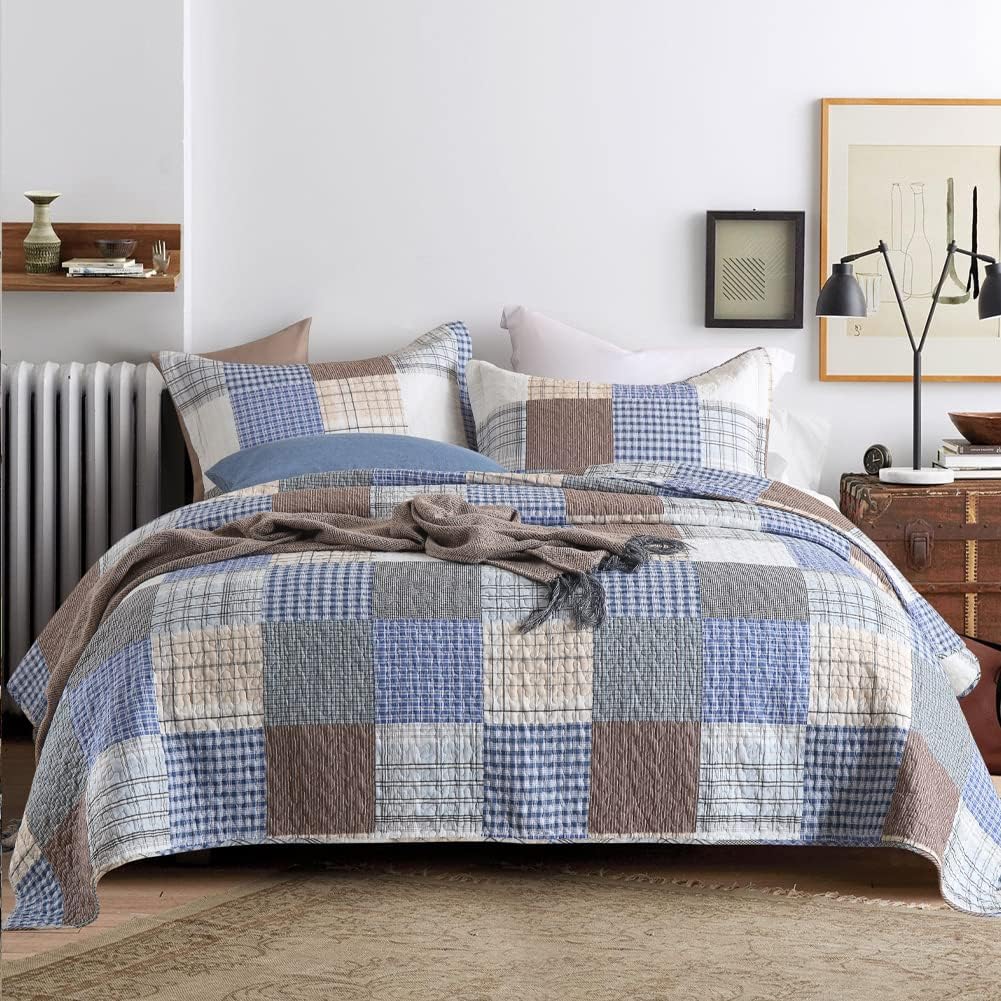 Secgo Queen Comforter Set for Bed - 100% Cotton Quilts Queen Size, Bule, Plaid Bedspreads (90 * 98 Inch) with 2 Pillow Shams, Patchwork Reversible Lightweight Bedding