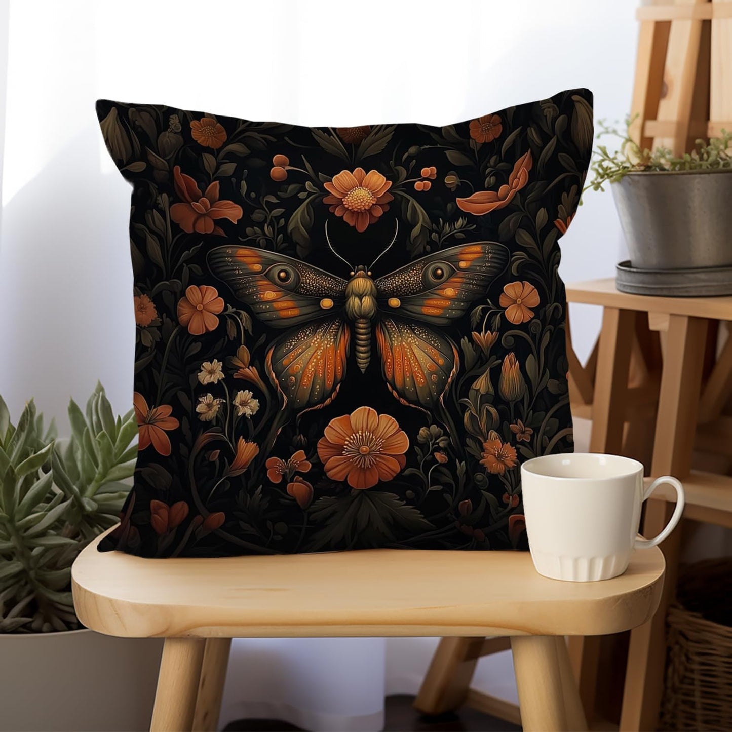 William Morris Abstract Vintage Floral Velvet Butterfly Design Throw Pillow Covers Home Decor, Retro Art Deco Pillowcase Cushion Cover for Bed Sofa Living Room, Square 18x18inch (Orange-Butterfly)