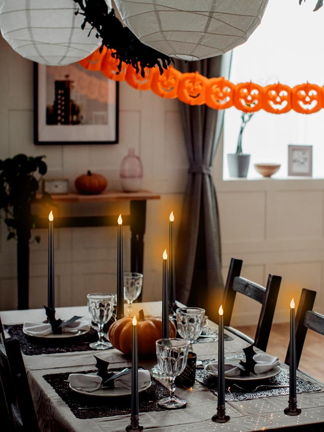 Alphatool 12 Pcs Halloween Black LED Flameless Candles with Bases - Flicker Flame, Tall Taper Smokeless Dripless Candles, Decor for Fireplace Diningtable Bar School