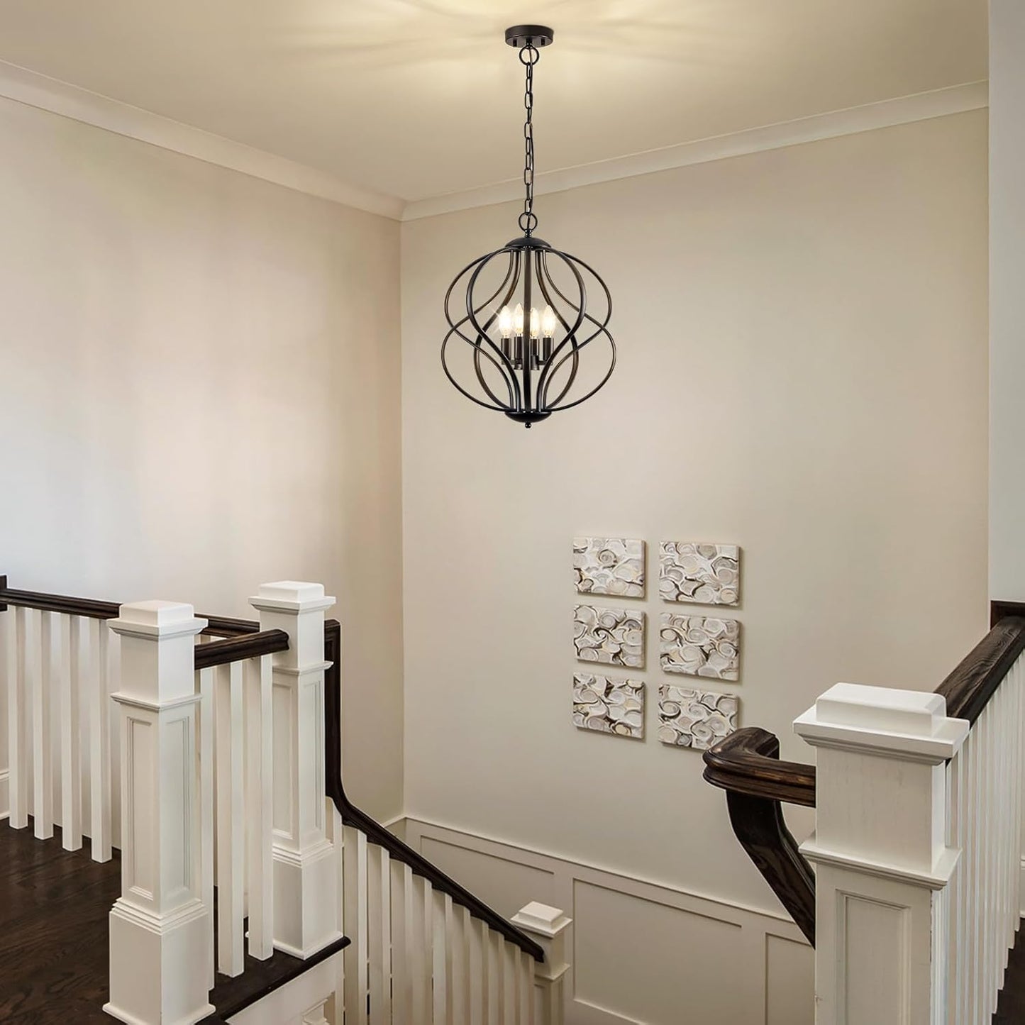 Modern Black Chandelier for Dining Room, 4 Lights Geometric Chandeliers, Sphere Chandelier Industrial Large Pendant Light Fixtures Hanging for Kitchen, Entryway, Foyer, Stairs