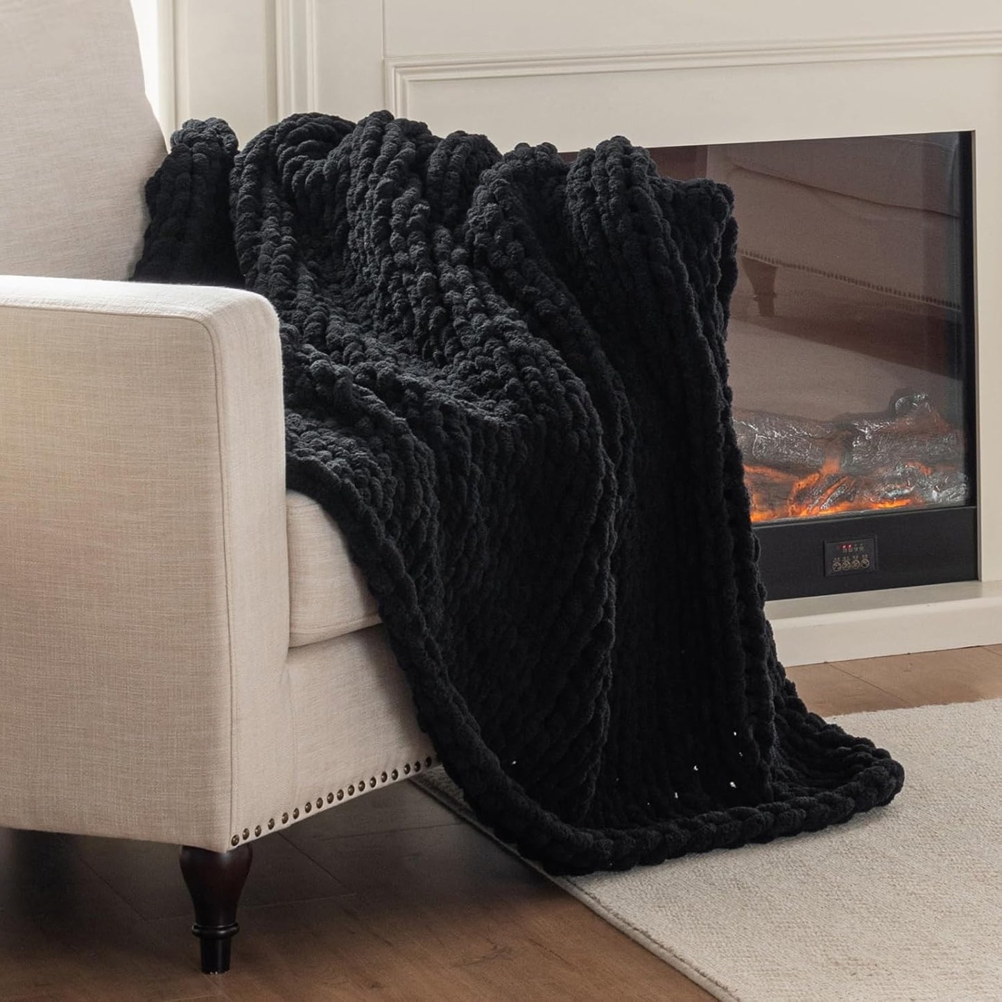 Chunky Knit Blanket Throw, 100% Hand Knit Throw Blanket Handmade Chenille Cable Knit Throw for Couch, Stylish Cozy Soft Rope Knot Crochet Blanket for Home Decor, Black, 50x60 Inches