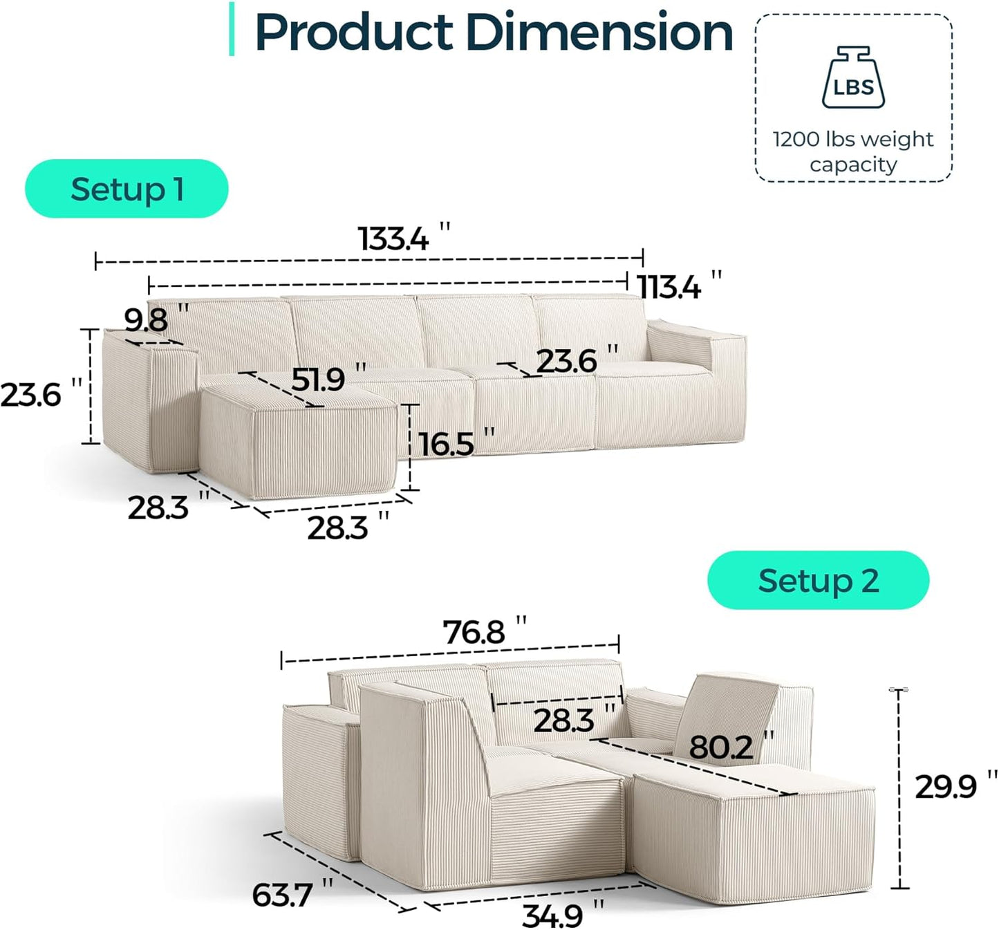 LINSY HOME Modular Sectional Sofa, 134" Boneless Couch L Shaped 4-Seat Sofa with Movable Ottoman, Corduroy Sectional Cloud Couches for Living Room, No Assembly Required, Beige