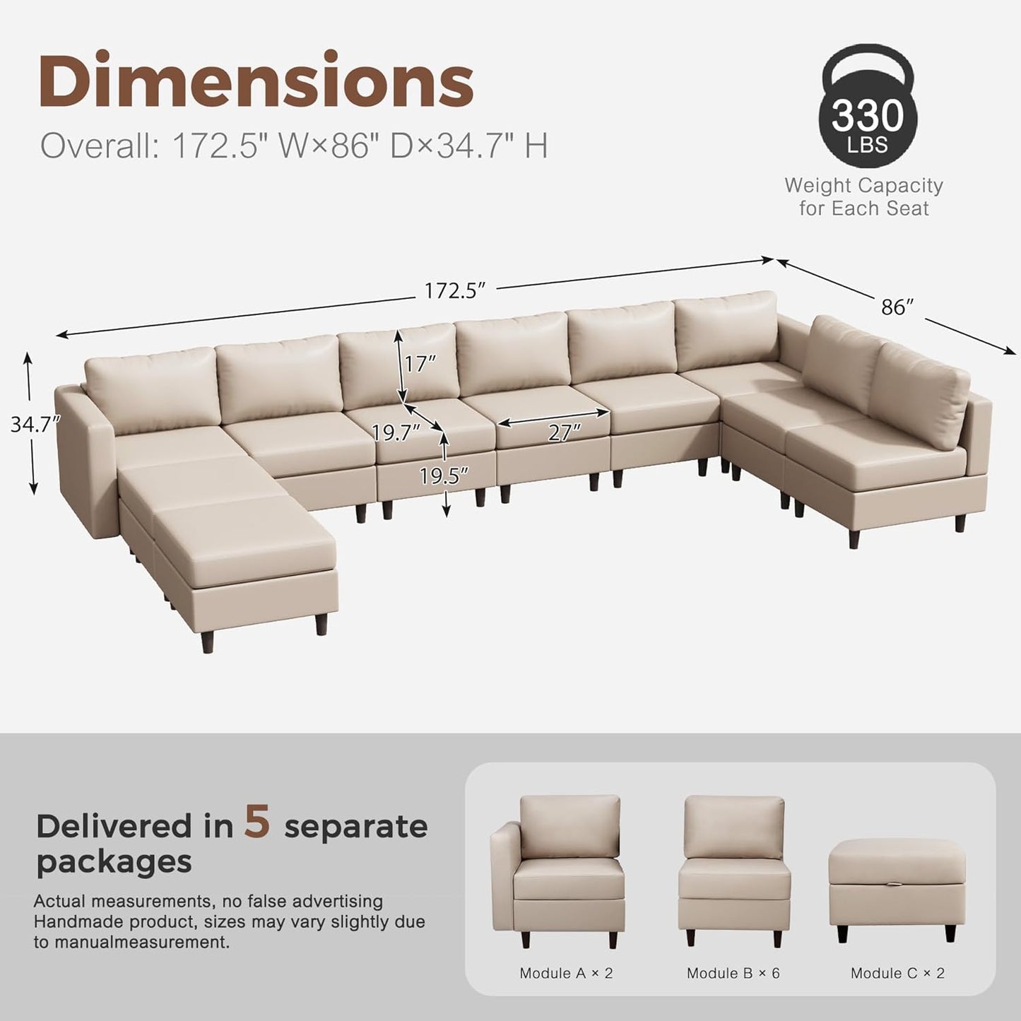 Oversized 172.5" Faux Leather Modular Sectional Sofa, Modern Large 10 Seater U Shaped Couch with Storage Seat with Reversible Chaise Deep Seat for Living Room DIY Combination - Whitesand