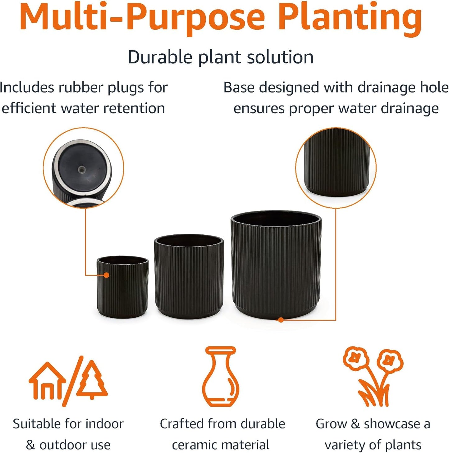 Amazon Basics Assorted Sizes Fluted Ceramic Round Planters, Set of 3, 6 inch, 8 inch, 10 inch, Black