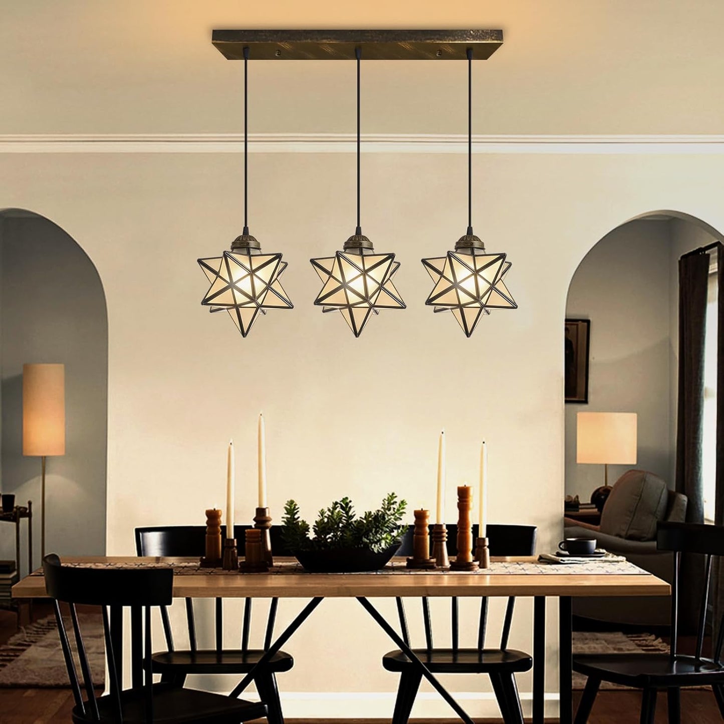 Farmhouse Frosted White Glass Chandelier 3 Lights Star Pendant Lights for Dining Table Kitchen Island Modern Ceiling Hanging Lights Included LED Warm Light Bulbs Oiled Bronze