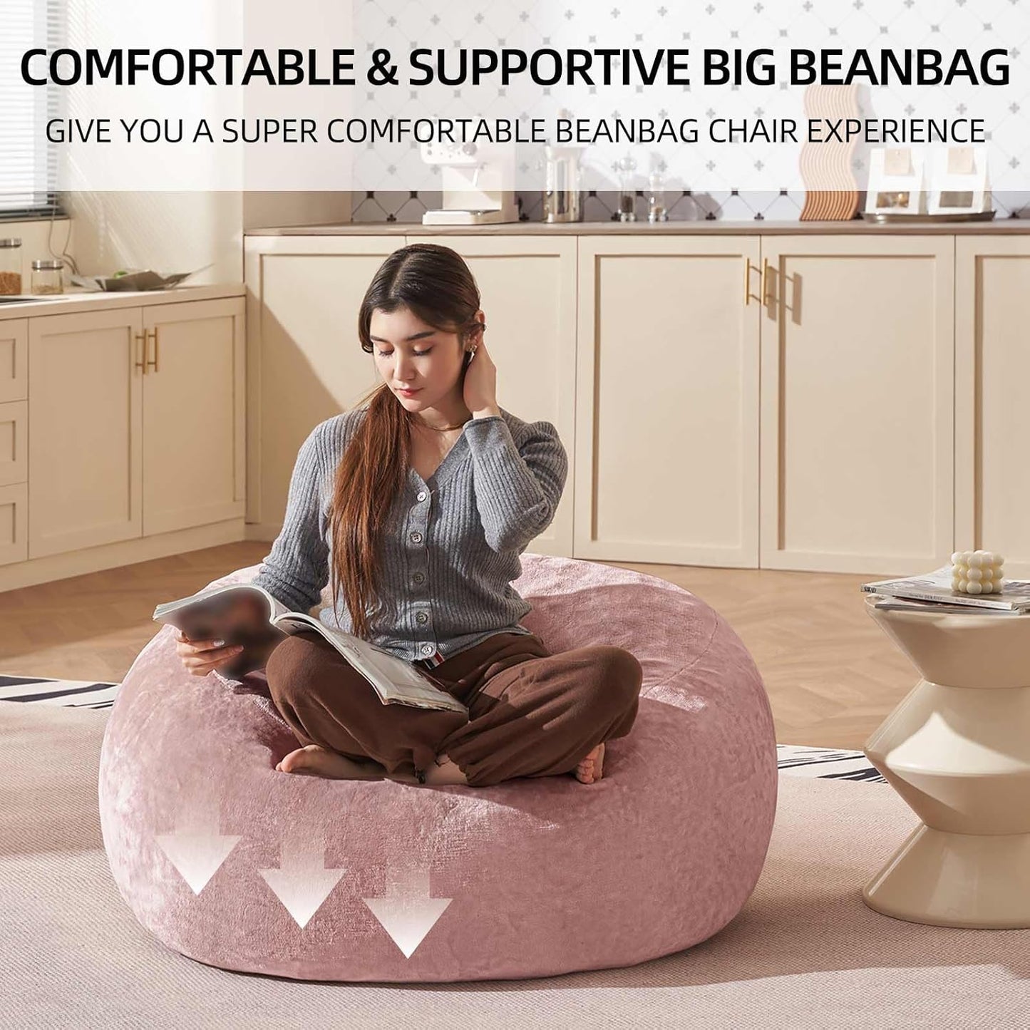 Bean Bag Chair 3Ft, Memory Foam Filled, Large Beanbag Chairs for Adults and Teens, Soft Sofa with Removable Flannel Cover, Round Couch for Living Room Bedroom College Dorm (Pink, 3FT-36×36"×24")