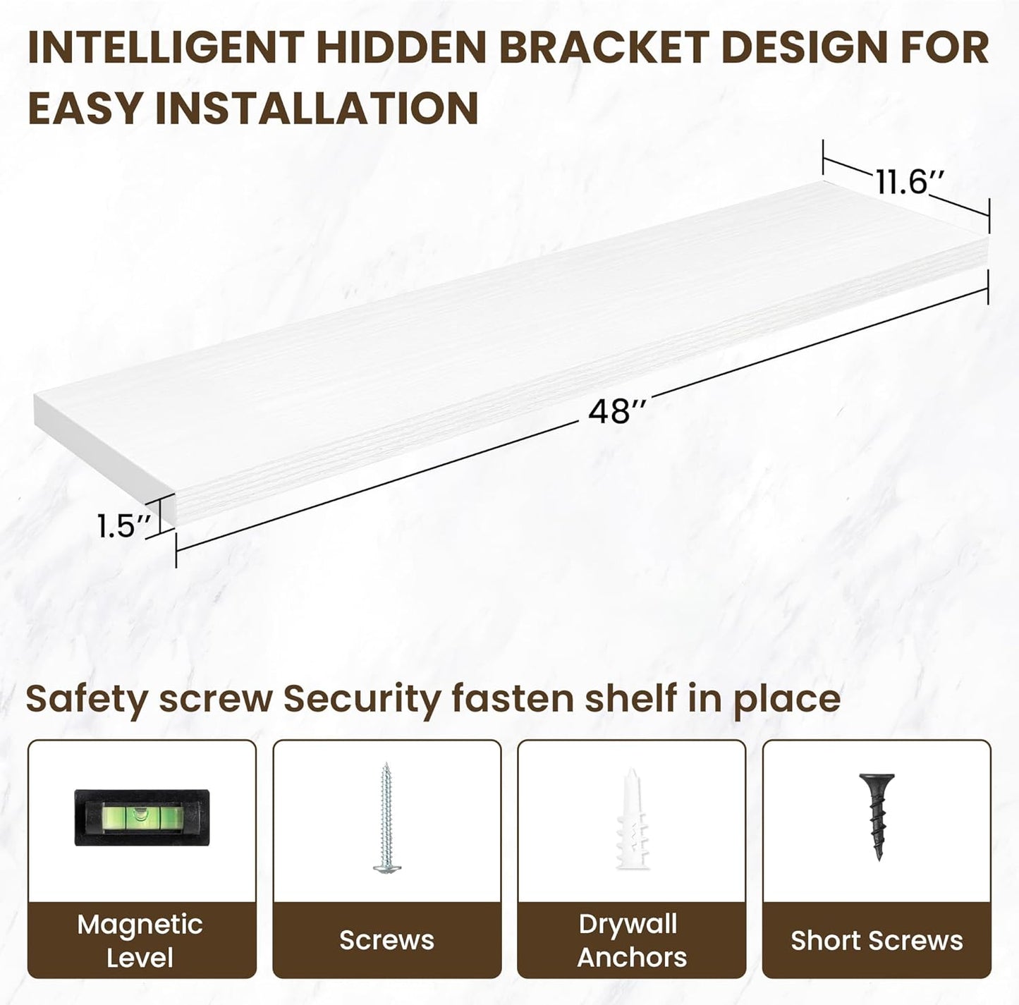 48 Inch Floating Shelves, 12 Inch Deep Floating Shelves for Wall, Floating Shelf with Invisible Brackets, Deep Wall Shelves for Bathroom, Bedroom, Living Room, 1 Pack, White