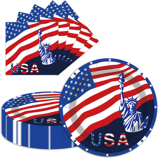 40 pcs Patriotic 4th of July Decorations Party Dessert Plates and Napkins Sets 9" Paper Plates 20 pcs and 6.5" Napkins 20 pcs Red White and Blue Party Supplies Tableware