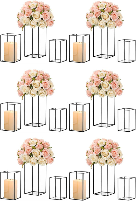 Hewory Glass Hurricane Candle Holder Set of 18, Black Large Hurricane Centerpiece for Table, Tall Floor Square Pillar Candle Holders Lantern Set for Wedding, Anniversary, Party, Fireplace, Dining Room