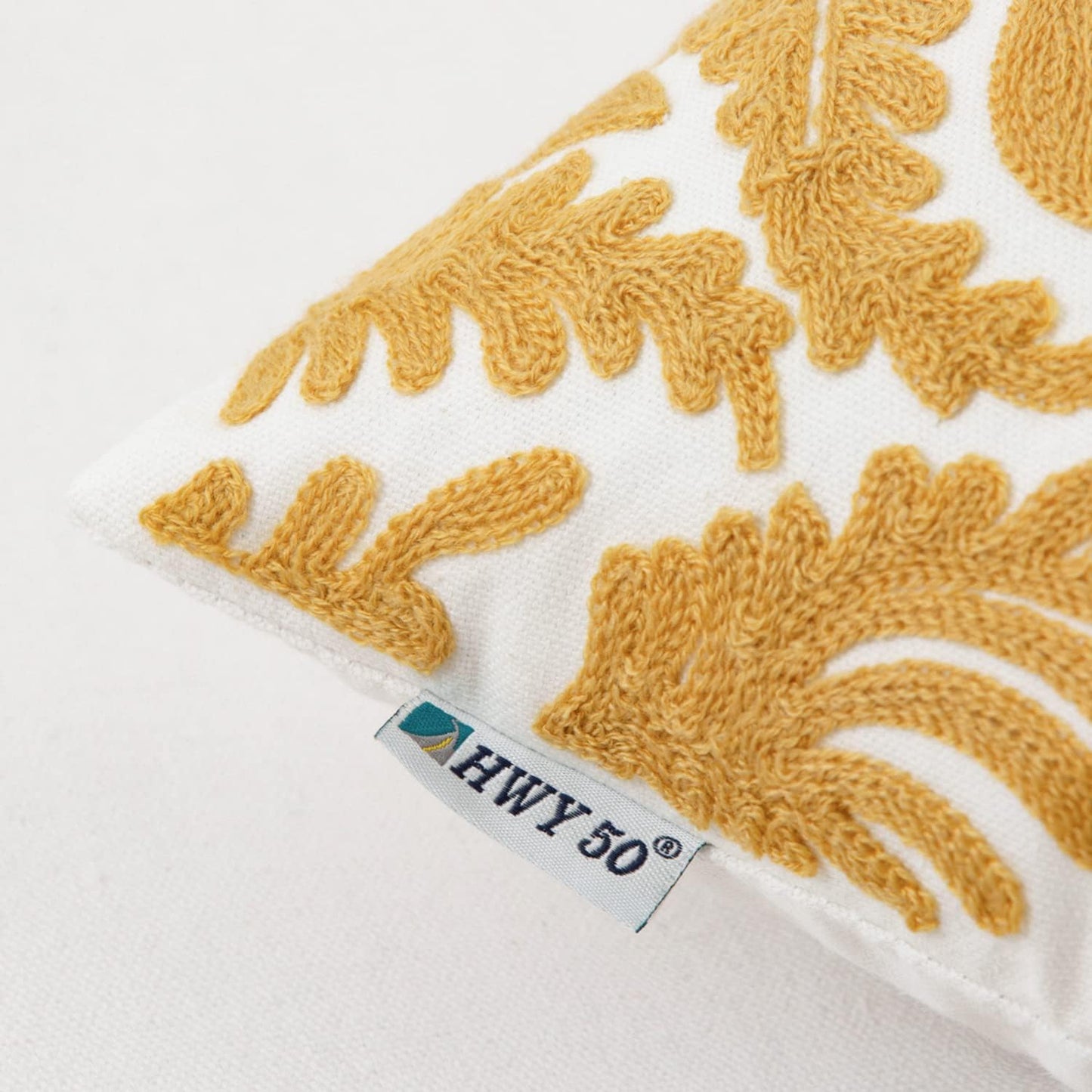 HWY 50 Mustard Yellow Decorative Throw Pillow Covers 18x18 Inch (1 Piece), Embroidered Cotton Farmhouse Cushion Cover Pillow Case for Sofa Couch Living Room Bed Bedroon, Floral Branches