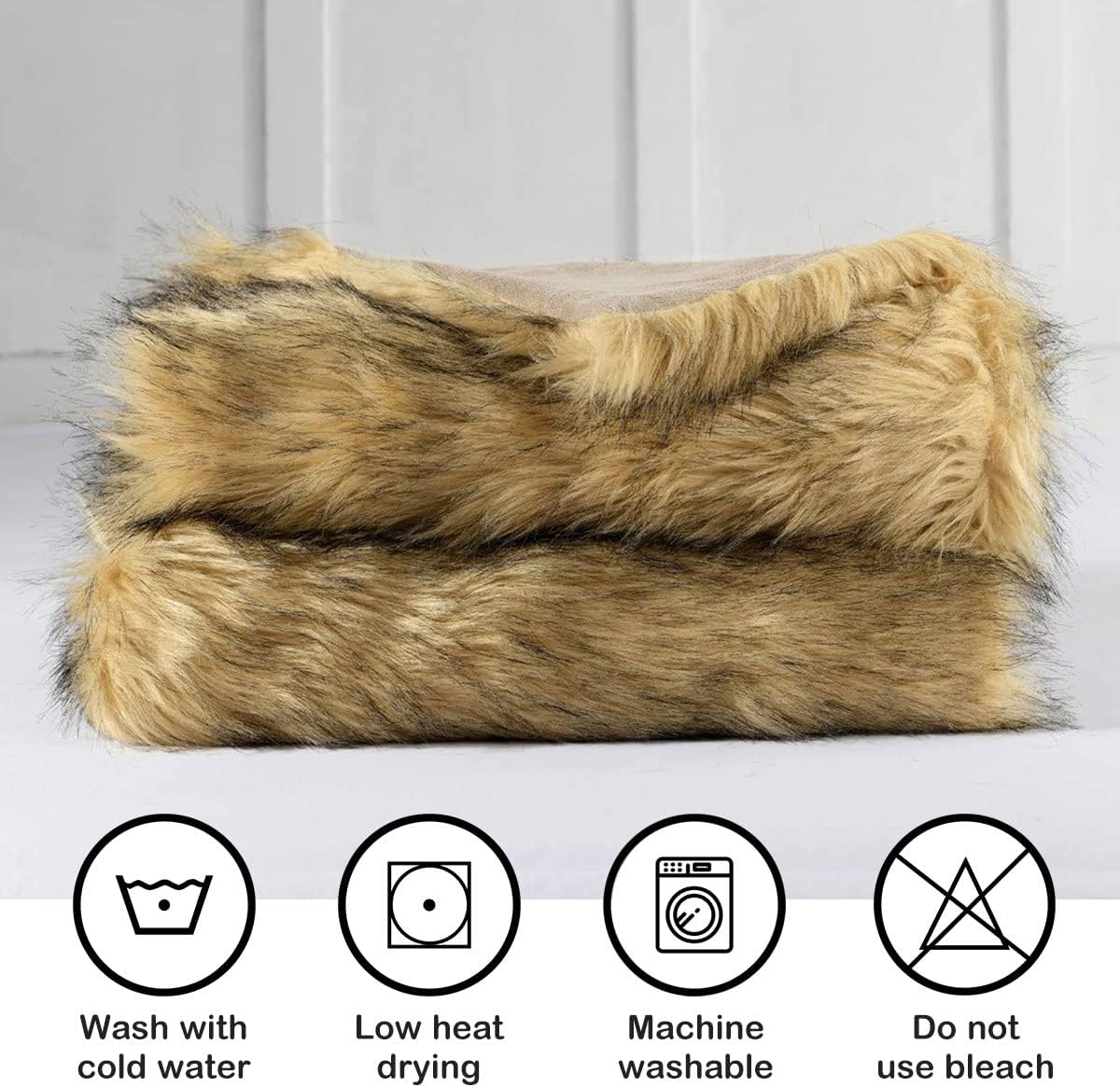Luxury Plush Faux Fur Blanket Queen Size, Long Pile Golden Yellow with Black Tips Throw, Oversized Super Warm, Fuzzy, Elegant, Fluffy Decorative Blanket for Sofa, Armchair, Couch and Bed, 90"x90"