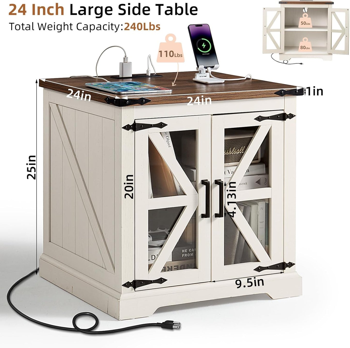 24" End Table with Charging Station, Farmhouse Night Stand with Glass Barn Door, White Nightstands with Adjustable Storage Shelf, Large Wood Square Bed Side Table for Living Room,Bedroom