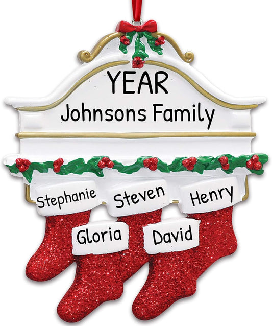 3D White Mantle Family of 5 Christmas Ornament 2025 Personalized Family Christmas Ornaments 2025 | Garland Fireplace Personalized Tree Ornaments Customizable Gifts Red Stockings of Five Ornament