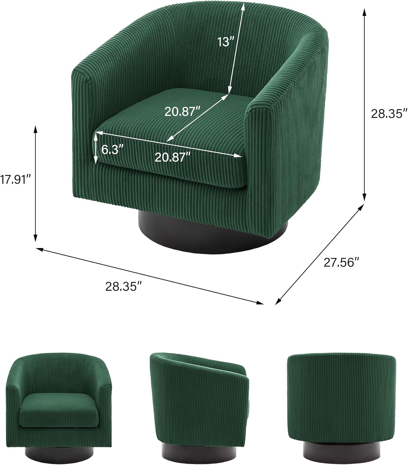 Swivel Barrel Accent Chair, Modern Round Corduroy Fabric Arm Chair for Living Room, Bedroom, Comfy Club Reading Chairs for Adults (Corduroy Dark Green, Set of 4)