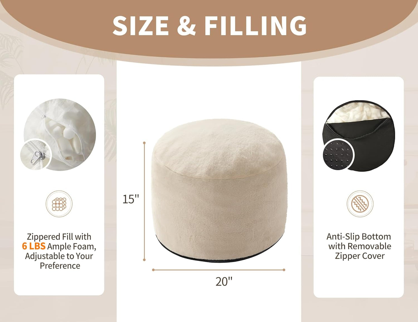 Pouf Ottoman Foot Rest 20"x15" Footstools and Ottomans Small with Filling Cream Small Beige Ottoman Foot Rest Ivory Poofy Ottom Stool Soft Poofs/Ottomans Furniture Living Room Ottom Footstool