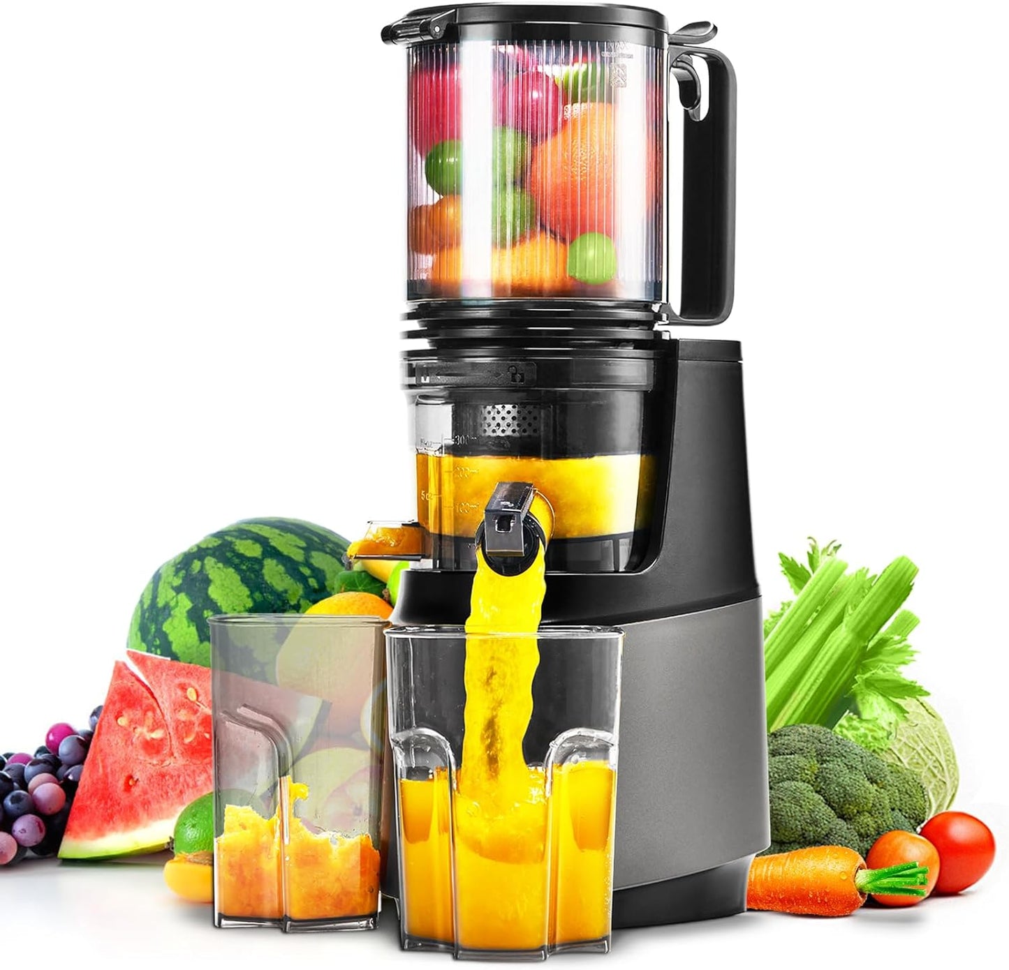 Cold Press Juicer,Slow Masticating Juicer Machines with 5.3" Large Feed Chute for Most Fruits and Vegetables,Easy to Clean Lemon Orange juicer with 250W Motor and High Juice Yield,Metal Gray