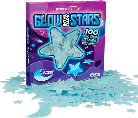 100PK Blue Glow in The Dark Stars for Ceiling Easter Basket Stuffers for Kids - Star Brite Plastic Glow Stars with Moon & Putty Ages 4,5,6,7,8,9,10,11,12 for Bedroom Space Night Light Room Non-Toxic